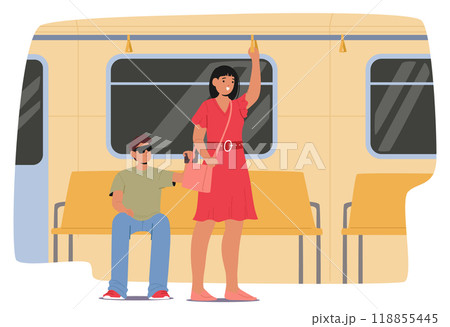 Woman Character In Red Dress Standing On Public Transit Holding Bag Another Figure Seated Appears To Be Attempting Theft 118855445