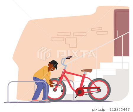 Character Attempting To Steal A Bicycle On A City Street. Scene Depicts The Act Of Theft In An Urban Environment 118855447