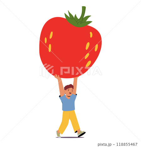 Happy Child Lifting A Giant Strawberry With Excitement And Playfulness, Emphasizing Fun And Imagination, Vector Happy Child Lifting A Giant Strawberry With Excitement And Playfulness, Emphasizing Fun And Imagination, Vector 118855467
