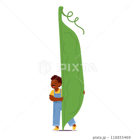 Happy Child Character In Overalls Holding A Giant Green Pea Pod With A Grin. Cartoon Vector Image Captures Joy Happy Child Character In Overalls Holding A Giant Green Pea Pod With A Grin. Cartoon Vector Image Captures Joy 118855469
