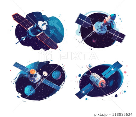 Outer space satellite cartoon vector set. Orbit solar panels flying vessel cosmic gps transmitters telecommunication carriers, communication wireless network automated docking modules illustrations 118855624
