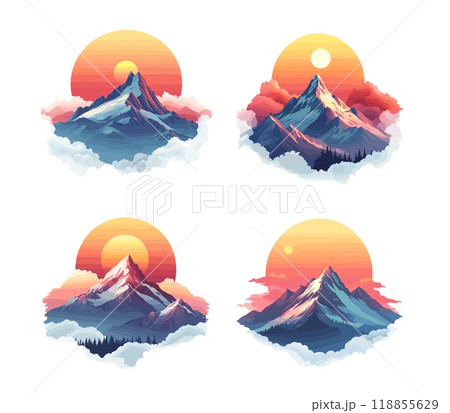 Mountain peak landscapes cartoon vector set. Round shape high rock stone boulder snow cliff over clouds under sunset forest horizon logos, isolated illustration on white background 118855629