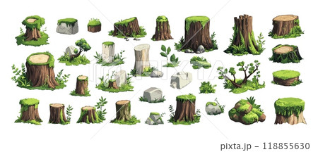 Moss log stumps cartoon vector set. Creeping lichens tree timber wooden trunks boulders stone rocks, jungle overgrown wet forest tropical natural woodland bush ivy dense plants illustrations 118855630