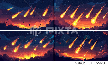 Meteor shower cartoon vector concepts. Flame boulders space rocks burning falling fireballs asteroid comet rain atmosphere dropping dark cloudy sky phenomenon illustrations 118855631