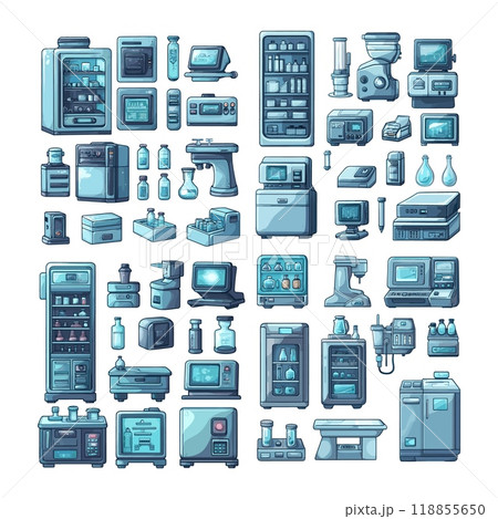 Laboratory equipment cartoon vector set. Cryogenic chamber glass flasks microscope cryo camera digital screen devices low temperature refrigeration research scientific technical isolated artworks Laboratory equipment cartoon vector set. Cryogenic chamber glass flasks microscope cryo camera digital screen devices low temperature refrigeration research scientific technical isolated artworks 118855650