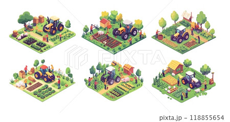Isometric farm vector set. Farmers sheeps pigs cows feeding animals tractor harvesting wheat field vegetable beds cattle husbandry rural countryside rancho, isolated illustrations on white background Isometric farm vector set. Farmers sheeps pigs cows feeding animals tractor harvesting wheat field vegetable beds cattle husbandry rural countryside rancho, isolated illustrations on white background 118855654