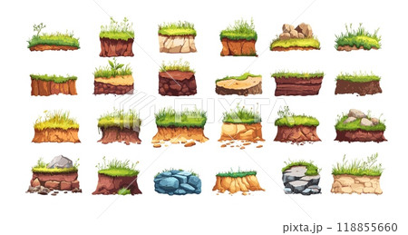 Ground soil layers cartoon vector set. Geology turf clay stones grass loam dirt rocks pebbles earth lands samples desert arid barren surfaces, isolated illustrations on white background 118855660