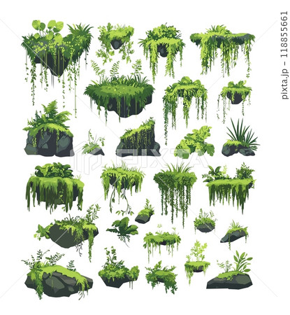 Green moss cartoon vector set. Rocks boulder stones creeping leaves swamp tropical jungle marsh flora wet forest plants lichen botany, isolated illustrations on white background 118855661