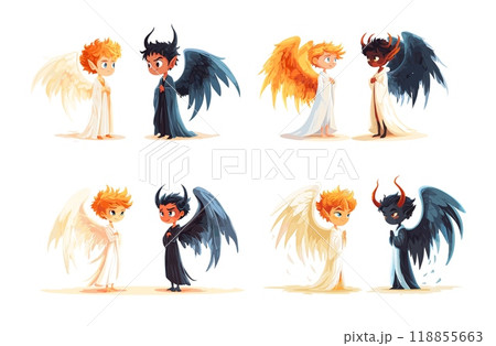 Good evil angel cartoon vector set. Young man winged horned white black togas god devil servants characters, holy heaven hell seraphim cherubim mythical religious spirits, isolated illustrations 118855663