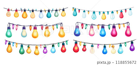 Garlands cartoon vector set. Bulb wire round cone shaped party anniversary xmas christmas home decoration decor illustrations isolated on white background 118855672
