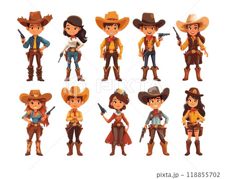 Cowboys cartoon vector set. Pistol hut lasso gun man woman funny cowgirl saloon sheriff bandit marshal wild west western characters, illustrations isolated on white background 118855702