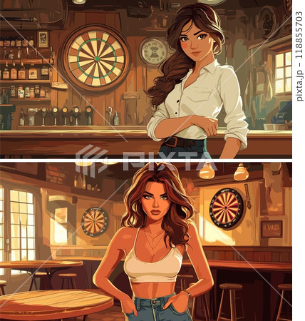 Cowboy girl in saloon interior cartoon vector concepts. Wooden tables bottle drinks cocktail bar counter darts young handsome woman long hair character, western retro wild west old tavern artworks 118855703
