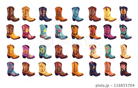Cowboy boots cartoon vector set. High shoes floral ornaments frontier usa wild west footwear, traditional cattleman american rancher unisex leather accessories, isolated on white background artworks 118855704