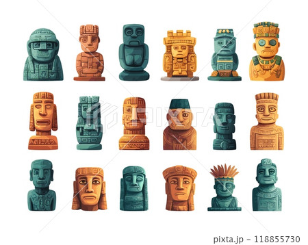 Ancient moai statues cartoon vector set. Rocky heads stone boulders faces mayan totem tribal avatars cultist south america tropical ethnic idols, illustrations isolated white background 118855730