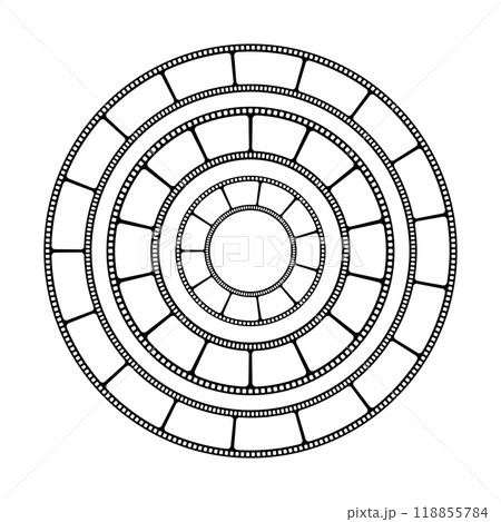 Different round frames with film strips as a border. Movie or photo camera tapes in circle shapes. Storyboard layouts. Photographies collage templates. Vector graphic illustration 118855784