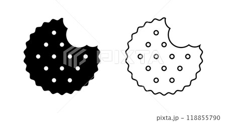 Bitten circle cracker icons. Sweet or salty biscuit cookies in round shapes. Crunchy snacks isolated on white background. Vector graphic illustration 118855790