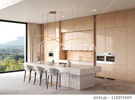 Modern kitchen that boasts a scenic view and showcases a contemporary design style, 3d rendering 118855804