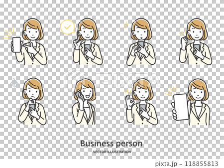 女性上班族操作智慧型手機的插畫集 118855813