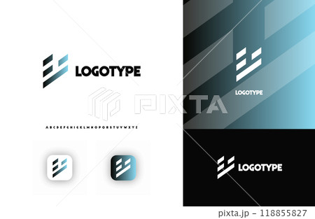 Bold diagonal stripes creating geometric shapes letter V logo for technology, finance, banking, cryptocurrency, corporate branding, architecture, construction, real estate. Vector illustration 118855827