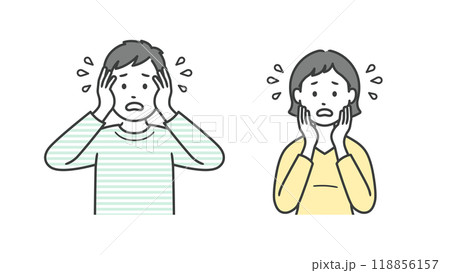 困って焦る成人男女の上半身イラスト 困って焦る成人男女の上半身イラスト 118856157