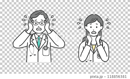 Upper body illustration of a troubled and impatient male and female doctor Upper body illustration of a troubled and impatient male and female doctor 118856381
