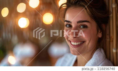 Smiling woman enjoying a relaxing moment in a massage salon during daytime 118856740