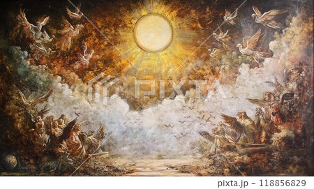 太陽の光に導かれる天使たち - 神聖な宗教的アート 光と平和の象徴のイラスト素材 [118856829] - PIXTA