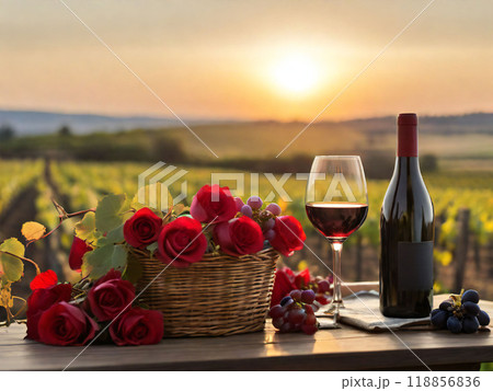 夕日に映えるブドウ畑とワイングラス 118856836