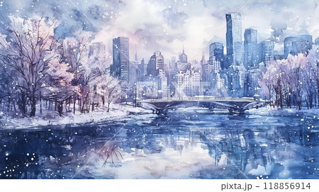 842＊水彩画 運河と都市の風景