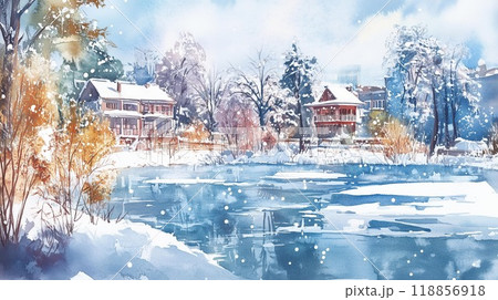 雪に覆われた湖畔の静寂 - 冬景色と郊外の住宅のイラスト素材