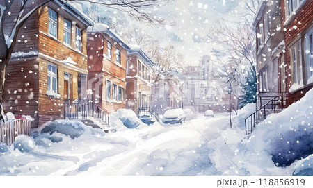 雪降る朝の住宅街 - 静かな冬の日常と穏やかな景色のイラスト素材