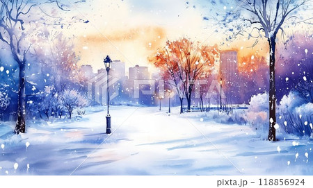 Evening Light Ⅱ 冬の風景 アート 冬の黄昏時：雪降る公園のランプライトのイラスト素材 [118856924] - PIXTA
