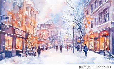 雪降る賑やかな商店街の冬景色：温かな灯りが輝く街並みのイラスト素材