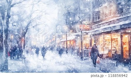 雪降る街の冬景色：暖かいショーウィンドウと雪の通りのイラスト素材