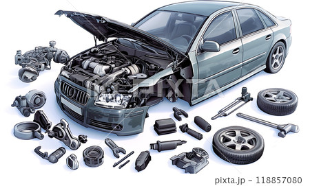 分解された自動車の部品のイラスト 118857080