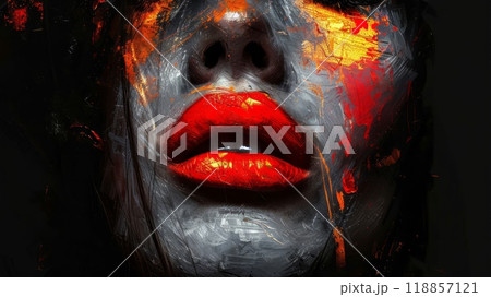 A woman with red lips and painted face in a dark room, AI 118857121