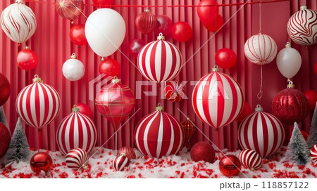 A bunch of christmas decorations are on display in a room  118857122