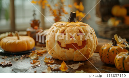 A table with a carved pumpkin and other pumpkins on it, AI A table with a carved pumpkin and other pumpkins on it, AI 118857150