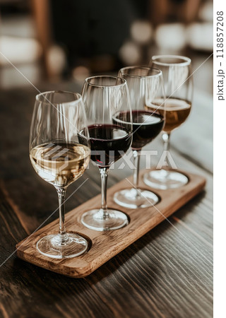 Close up view of a wine flight showcasing four distinct glasses at a rustic tasting venue. 118857208