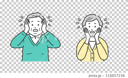 Upper body illustration of a troubled and impatient elderly chubby man and woman Upper body illustration of a troubled and impatient elderly chubby man and woman 118857236