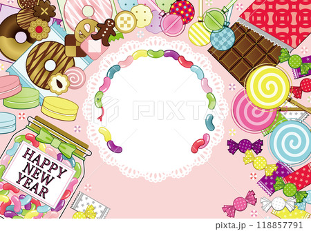 巳年イラスト年賀状デザイン「ジェリービーンズとお菓子セットのフレーム」HAPPY NEW YEAR 118857791