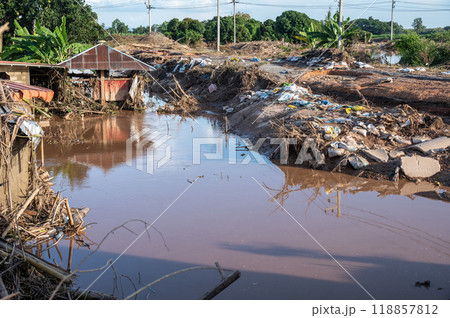 The village damaged after flooded by river during typhoon Yagi swept across Thailand. Typhoon Yagi, Asia's most powerful storm this year (2024). The village damaged after flooded by river during typhoon Yagi swept across Thailand. Typhoon Yagi, Asia's most powerful storm this year (2024). 118857812