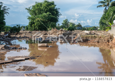 The local village in Chiang Rai having damaged after flooded by river during typhoon Yagi swept across Thailand. Typhoon Yagi, Asia's most powerful storm this year (2024). The local village in Chiang Rai having damaged after flooded by river during typhoon Yagi swept across Thailand. Typhoon Yagi, Asia's most powerful storm this year (2024). 118857813