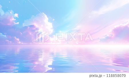 美しいオーロラカラーに光る海と空のイラスト風景 美しいオーロラカラーに光る海と空のイラスト風景 118858070