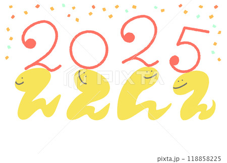 2025 数字を頭に乗せる4匹の蛇　年賀状　令和七年　紙吹雪 118858225