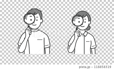 Upper body illustration of a male and female nurse holding a magnifying glass Upper body illustration of a male and female nurse holding a magnifying glass 118858319