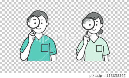 Upper body illustration of a male and female dentist holding a magnifying glass 118858365