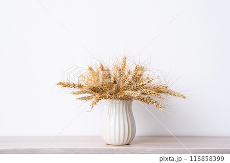 Wheat stalks in white ceramic vase on wooden table against white wall. 118858399