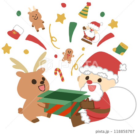 クリスマスプレゼントを持つサンタとトナカイのイラスト 118858707