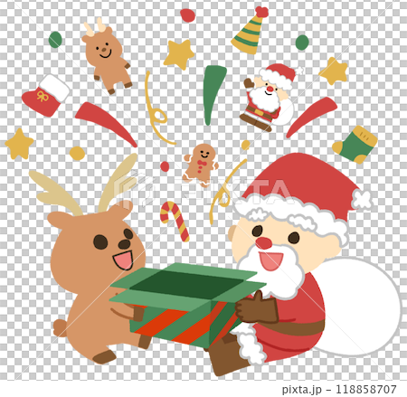 クリスマスプレゼントを持つサンタとトナカイのイラスト 118858707